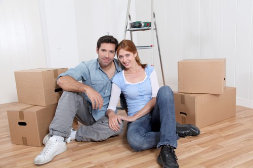 Packed office furniture and equipment ready for relocation